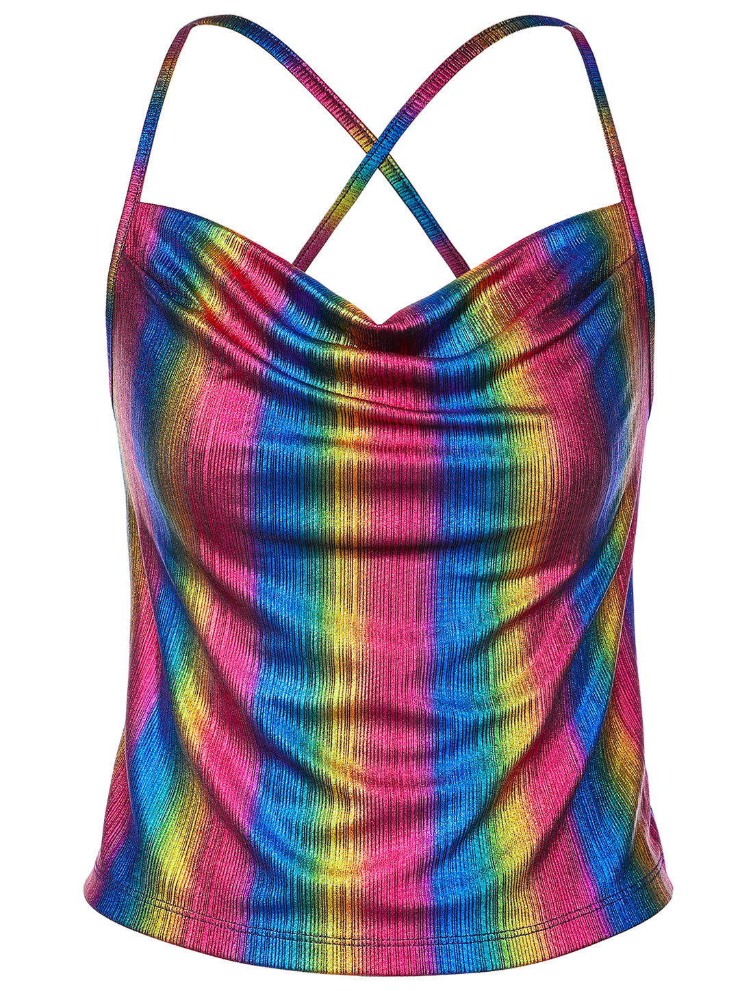 Women's Metallic Glitter Spaghetti Strap Camisole Cowl Neck Sparkly Club Top