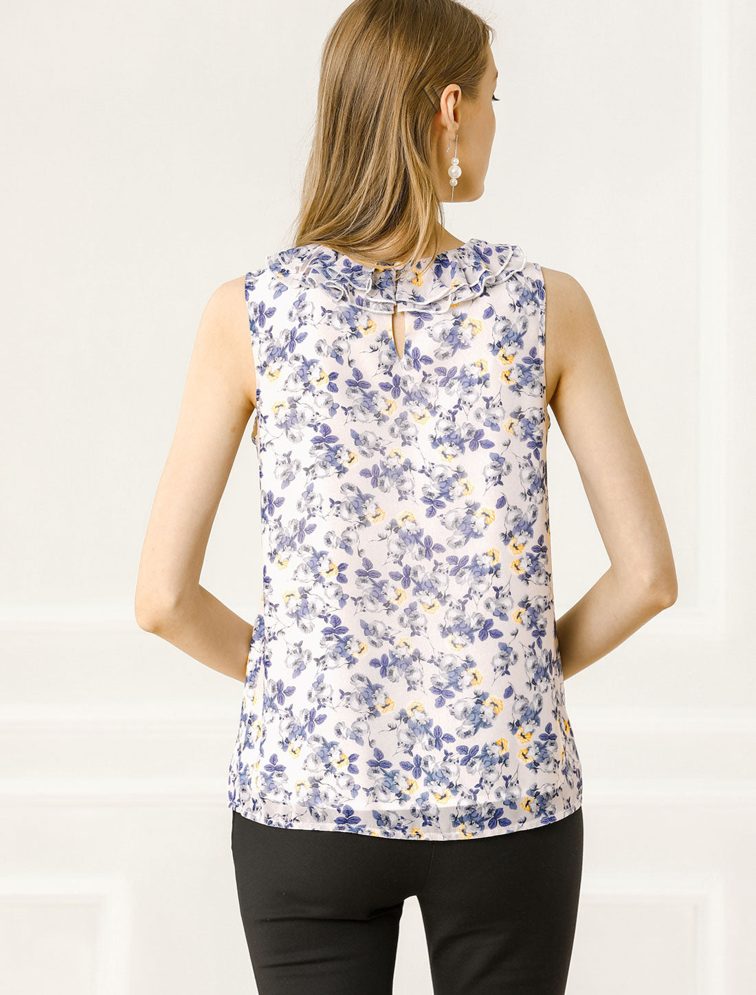 Women's Ruffle Sleeveless Chiffon Floral Top