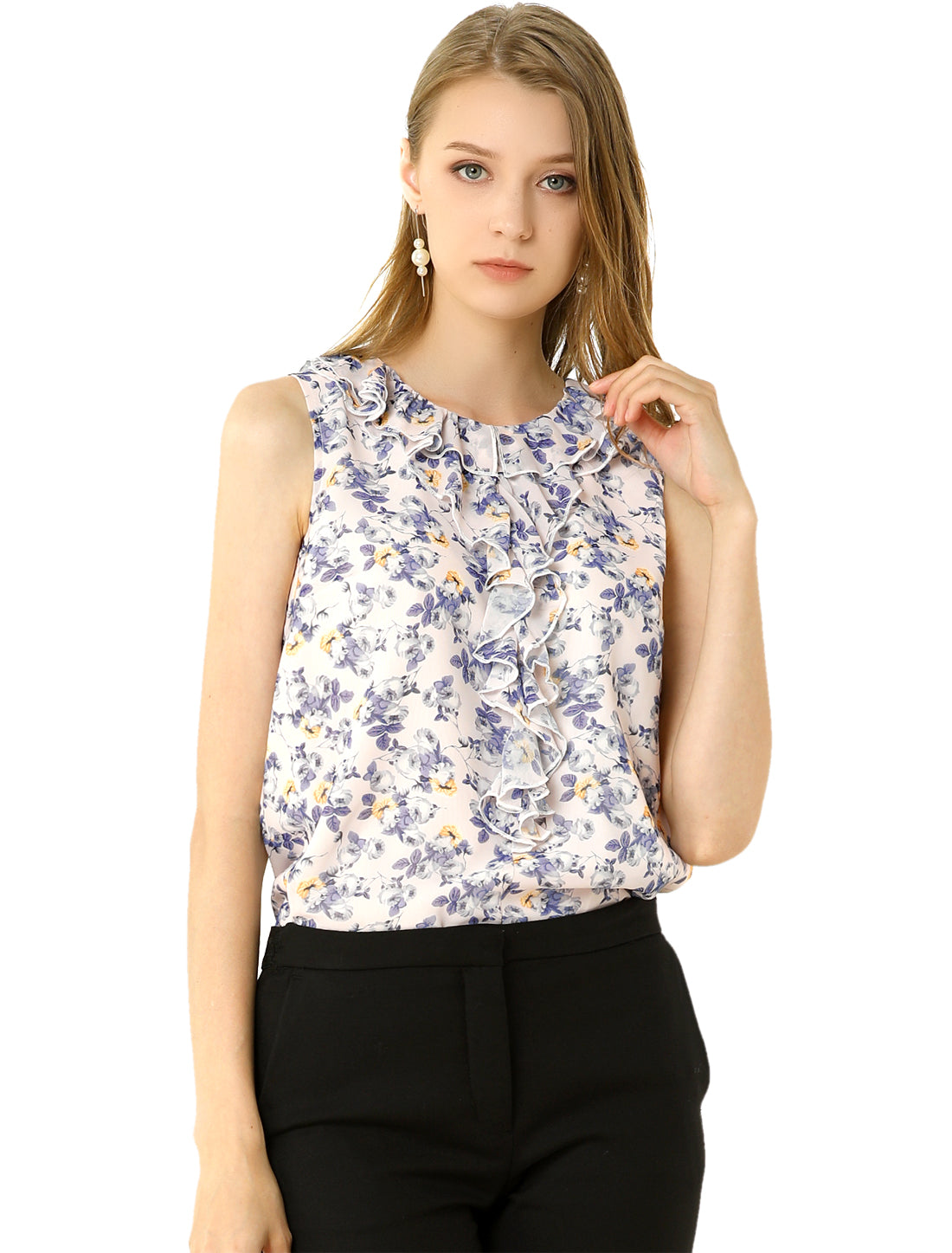 Women's Ruffle Sleeveless Chiffon Floral Top