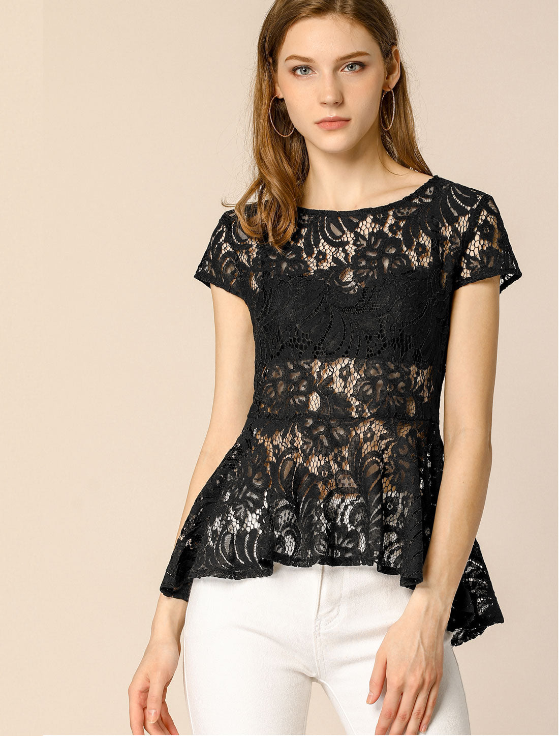 Women's Lace High Low Hem Blouse Cap Sleeves Peplum Top