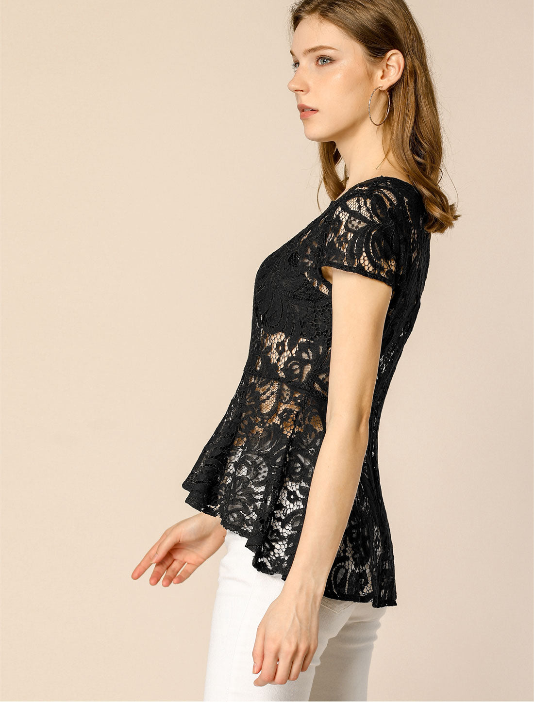 Women's Lace High Low Hem Blouse Cap Sleeves Peplum Top