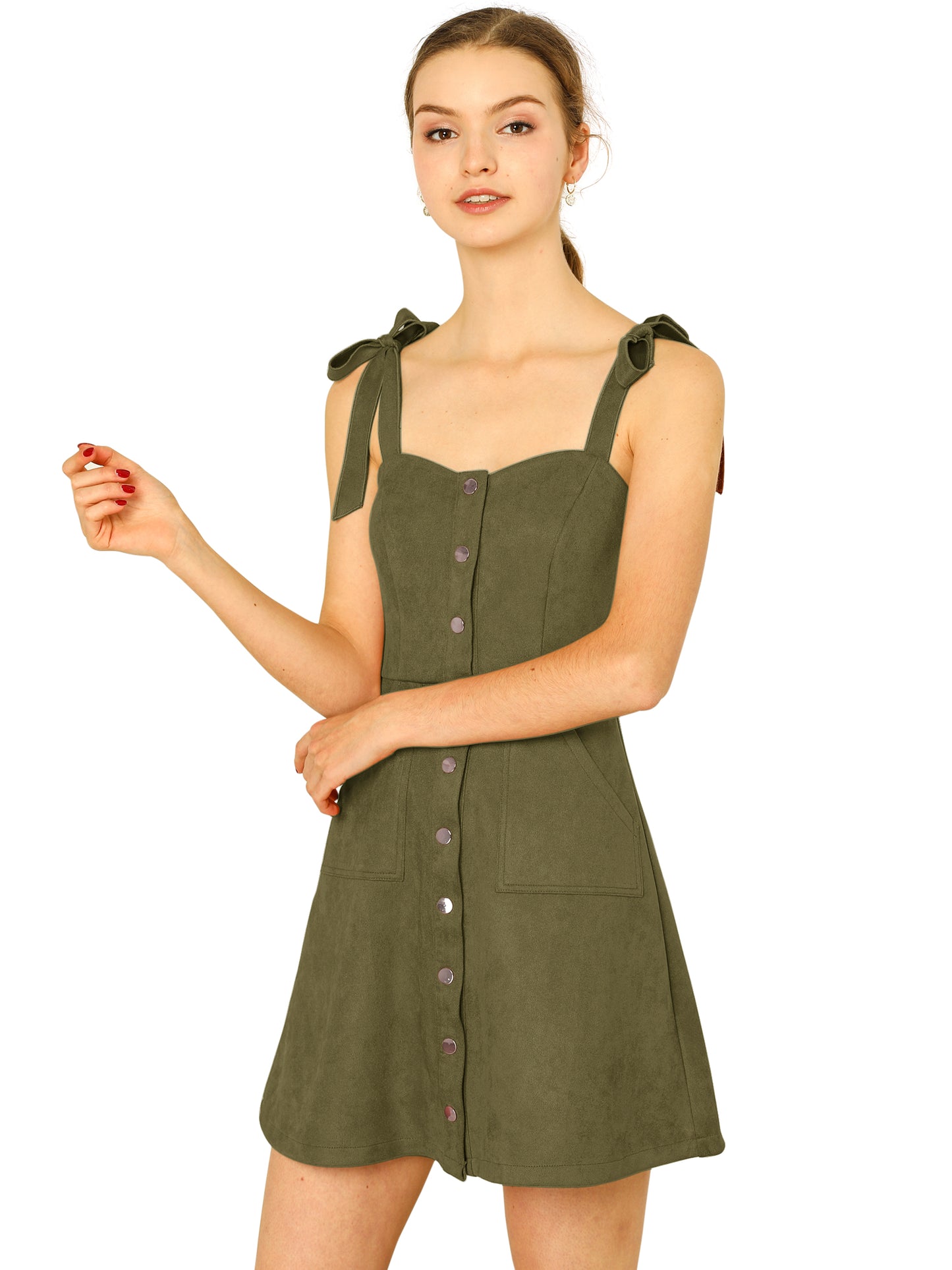 Women's Button Down Pockets Sleeveless Faux Suede Pinafore Overall Dress