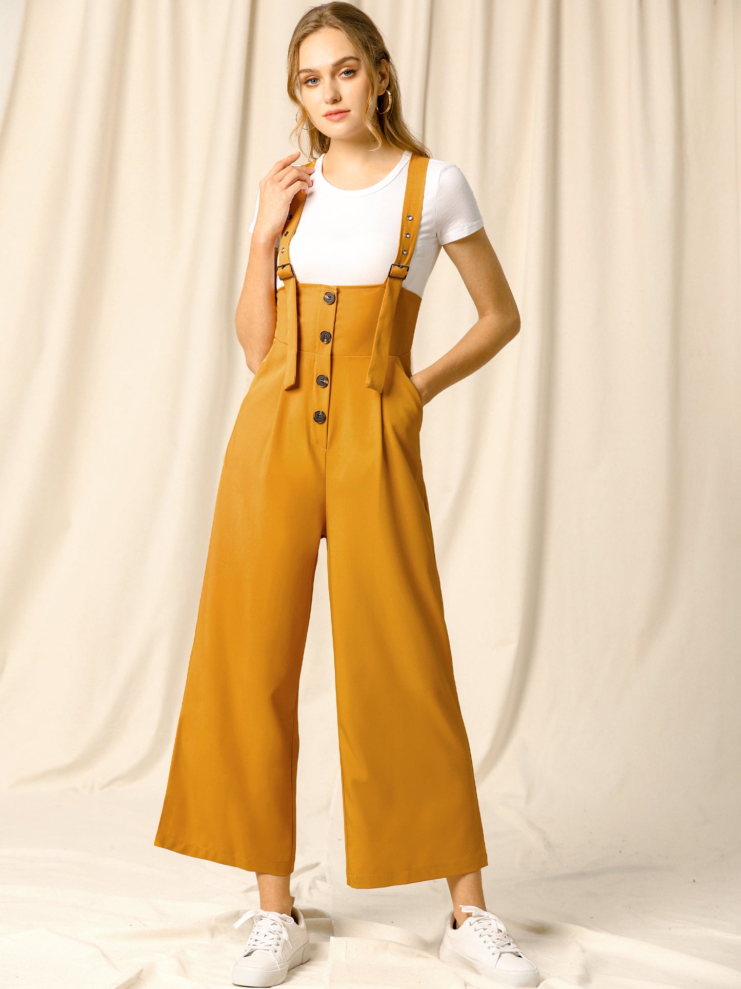 Women's Wide Leg Overalls Loose Fit Belted High Waist Suspenders Jumpsuits