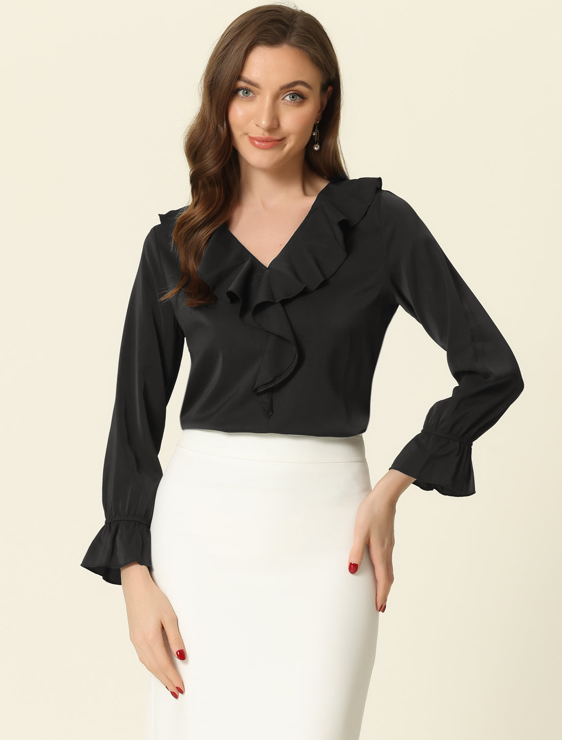 Women's Ruffle Blouse Elegant V Neck Long Sleeve Casual Dressy Top (Available in Plus Size)