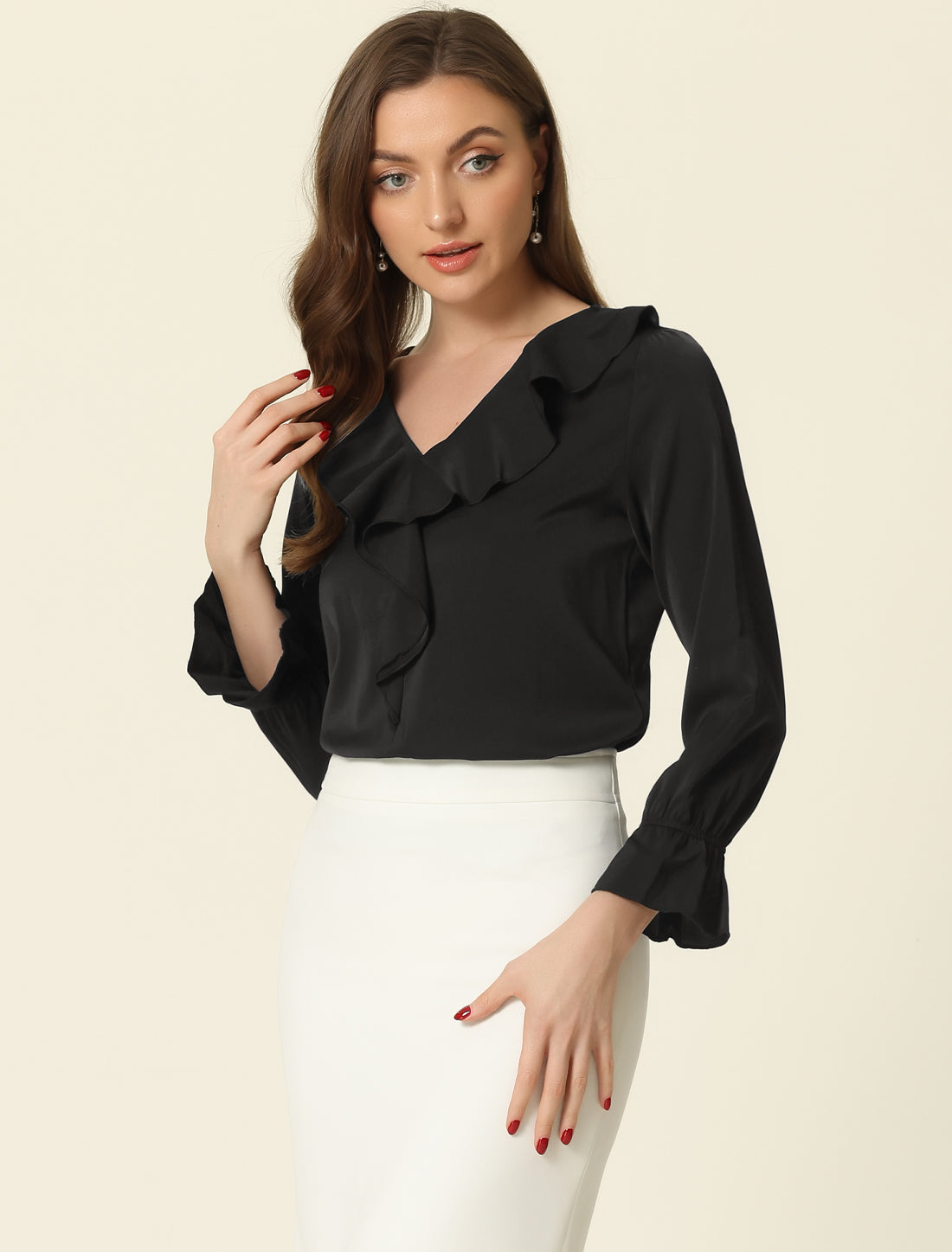 Women's Ruffle Blouse Elegant V Neck Long Sleeve Casual Dressy Top (Available in Plus Size)