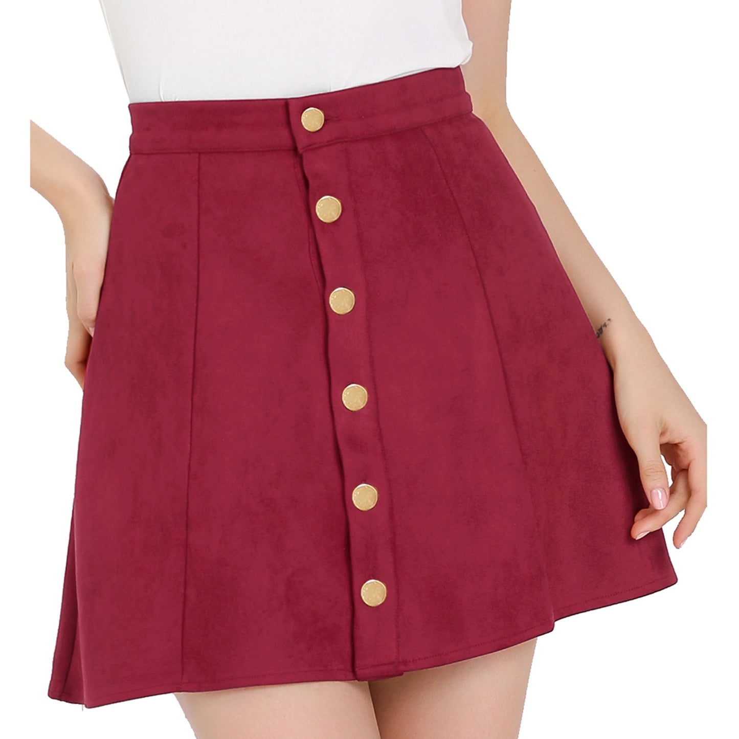 Women's Faux Suede Button A-Line High Waisted Flared Mini Short Skirt