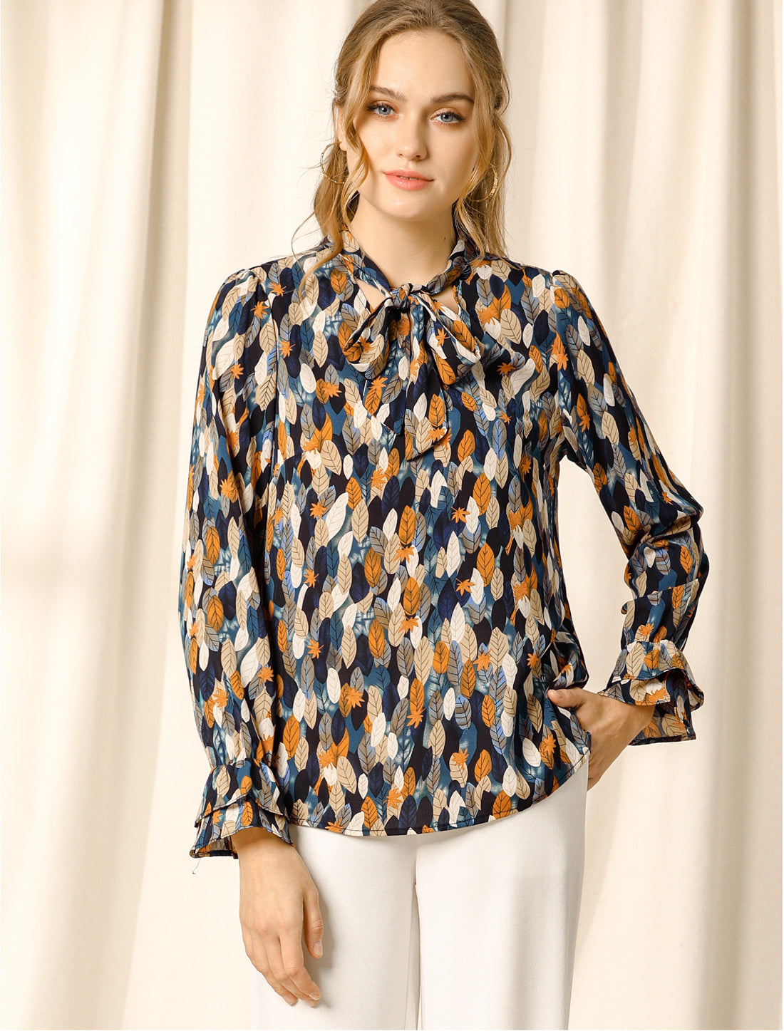 Women's Long Sleeve Blouse Floral Tie Neck Chiffon Ruffle Top (Available in Plus Size)