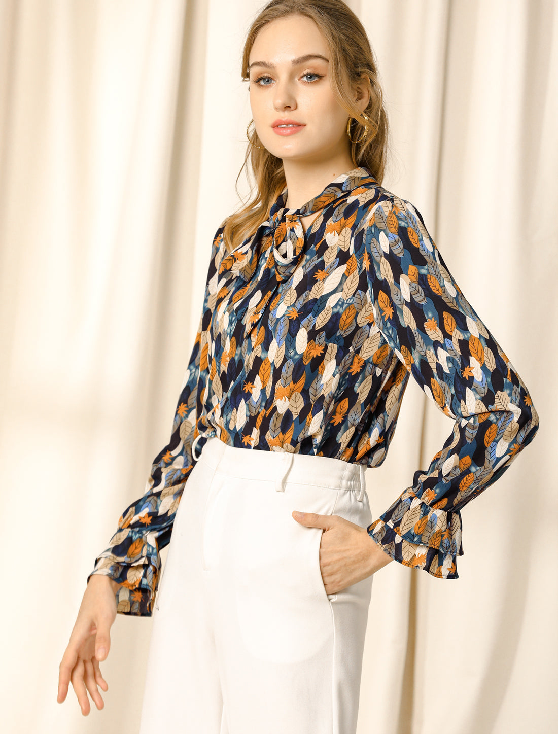 Women's Long Sleeve Blouse Floral Tie Neck Chiffon Ruffle Top (Available in Plus Size)