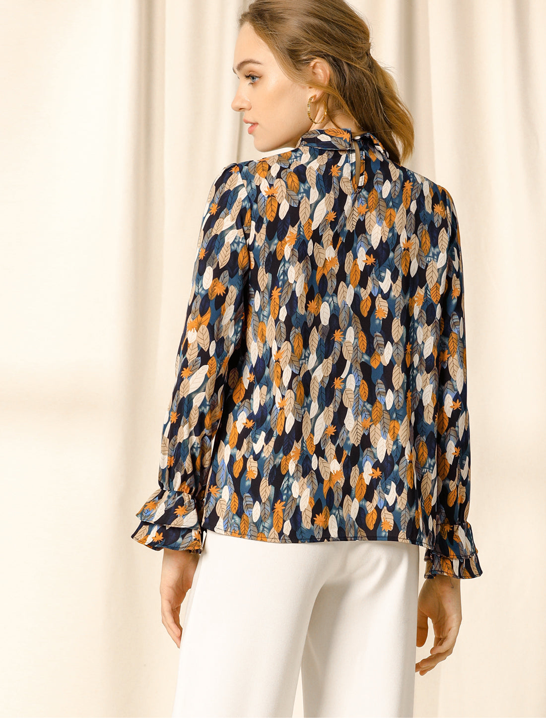 Women's Long Sleeve Blouse Floral Tie Neck Chiffon Ruffle Top (Available in Plus Size)