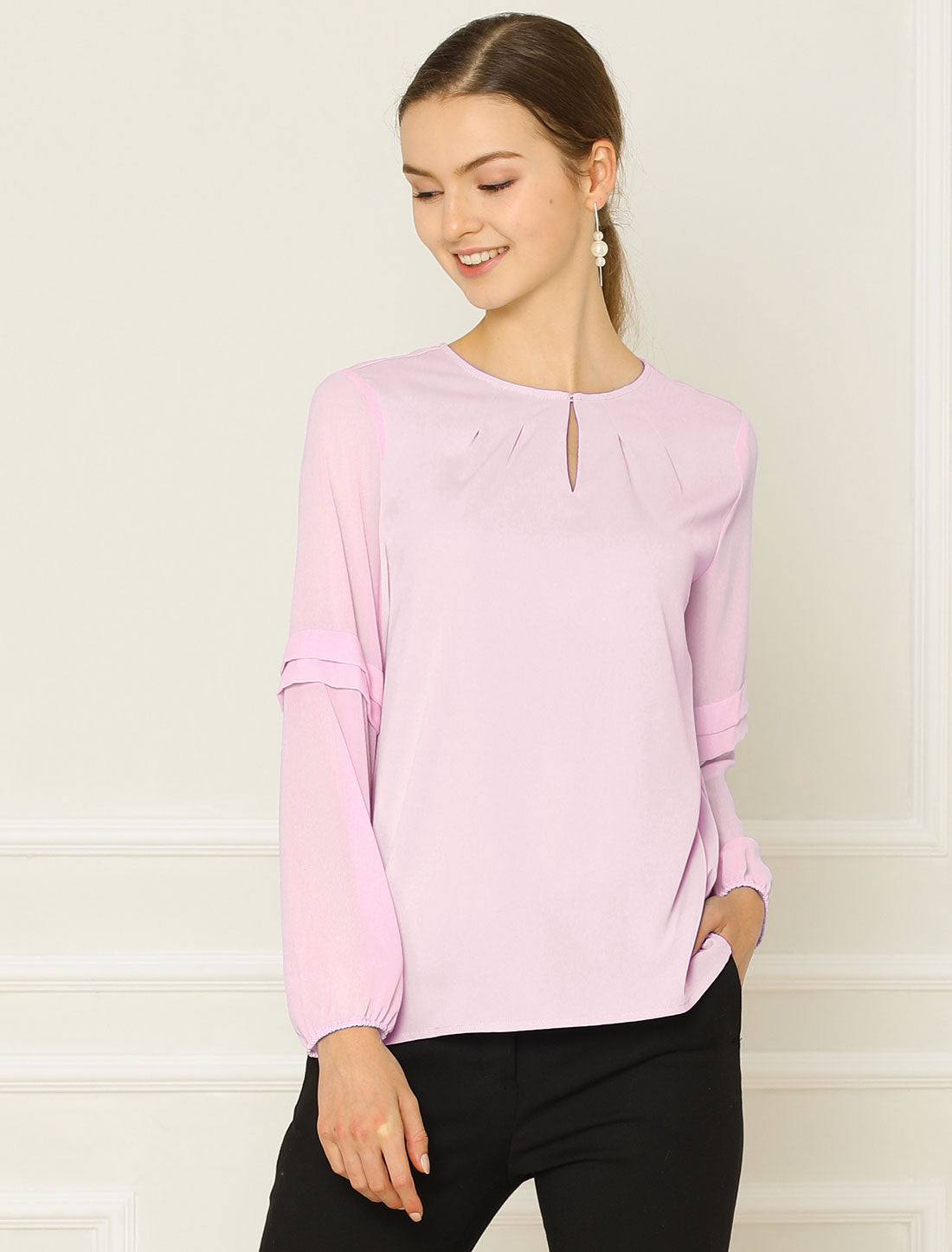 Women's Keyhole Neck Long Sleeve Business Casual Blouse Shirt