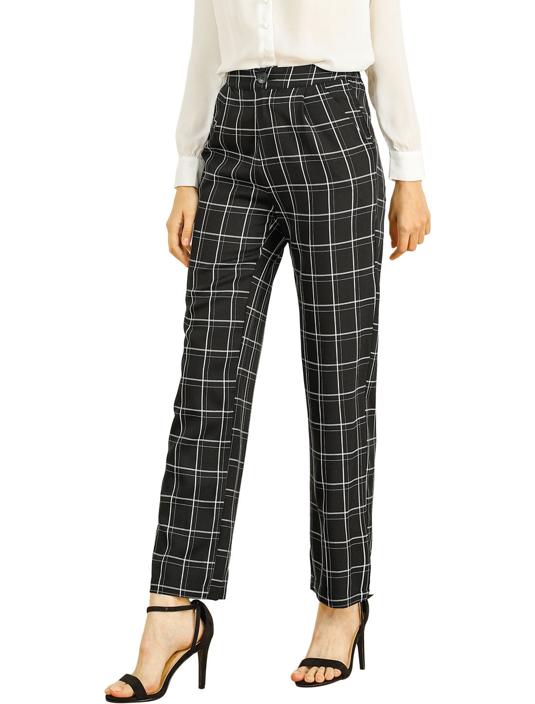 Pantalones a cuadros para mujer, cintura elástica, informales, para trabajo y oficina, largos