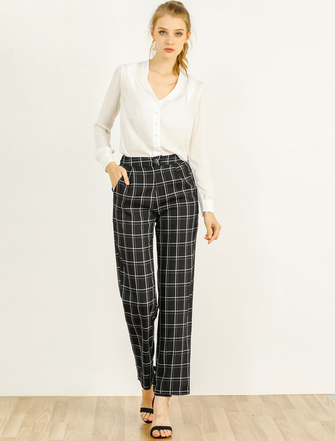 Pantalones a cuadros para mujer, cintura elástica, informales, para trabajo y oficina, largos