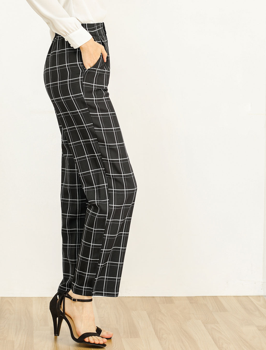 Pantalones a cuadros para mujer, cintura elástica, informales, para trabajo y oficina, largos
