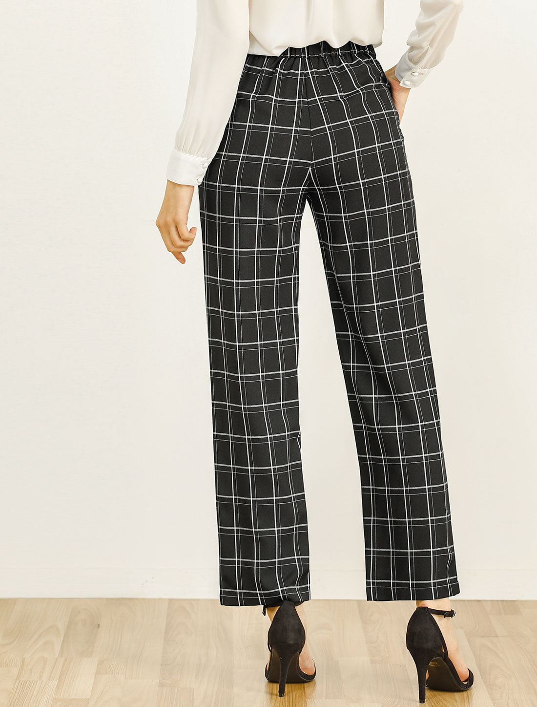 Pantalones a cuadros para mujer, cintura elástica, informales, para trabajo y oficina, largos