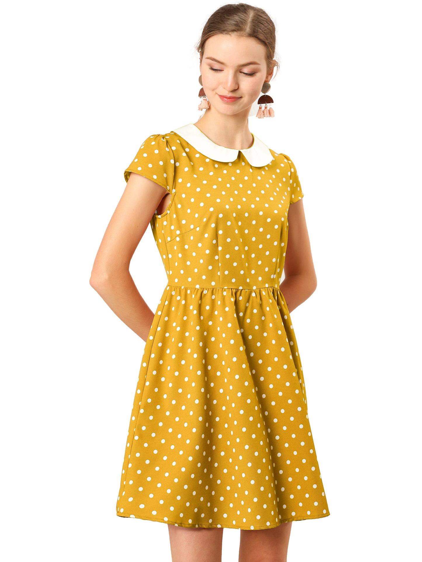 Women's Peter Pan Collar Short Sleeves Contrast A-Line Polka Dots Dress