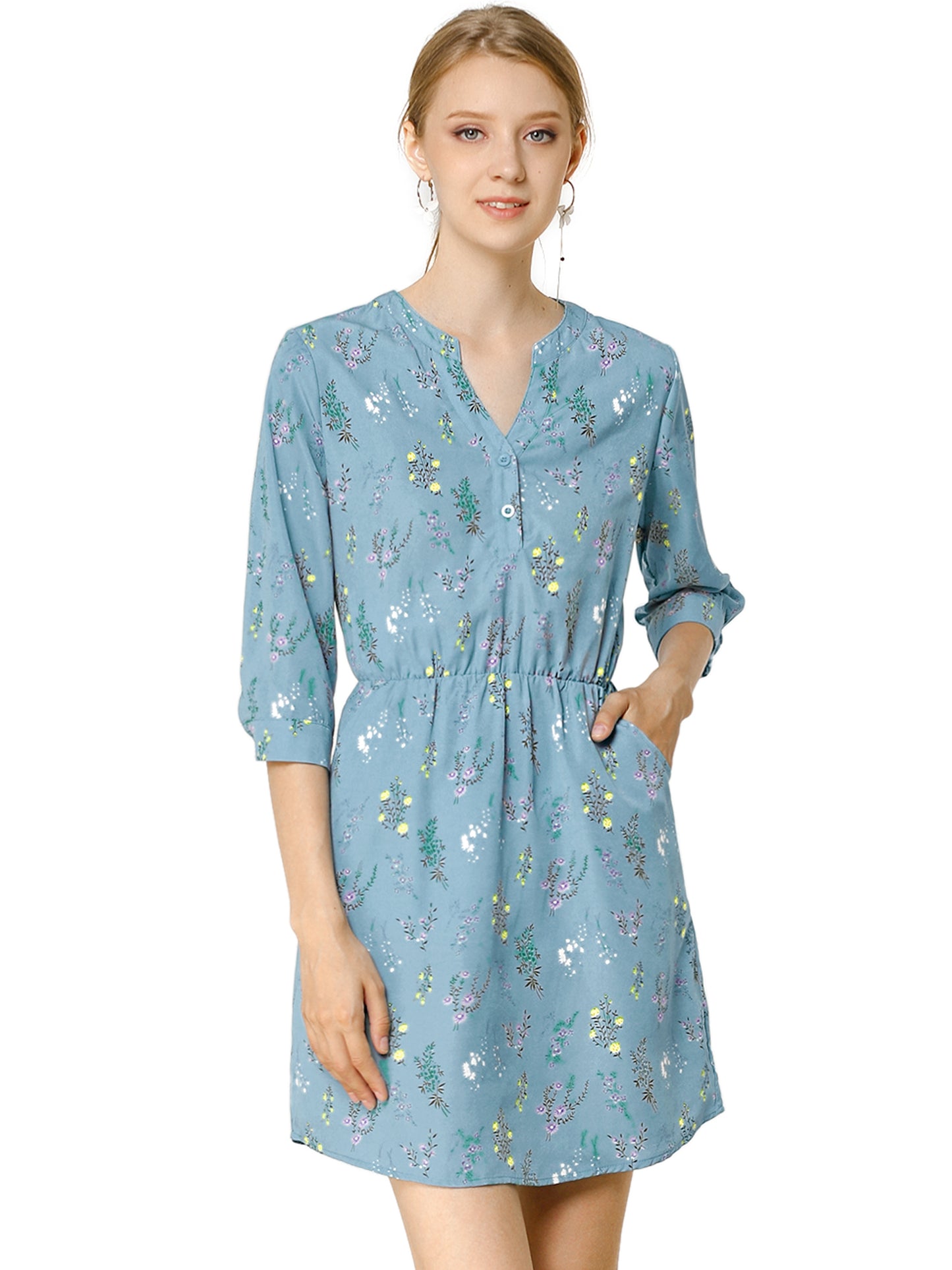 Women's Button-Up V Neck 3/4 Sleeves Floral Shirt Dress with Pockets