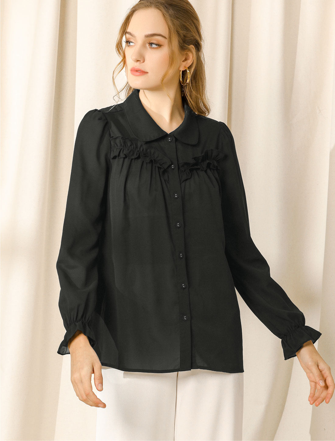Women's Button Down Ruffle Long Sleeve Peter Pan Collar Work Shirt Top