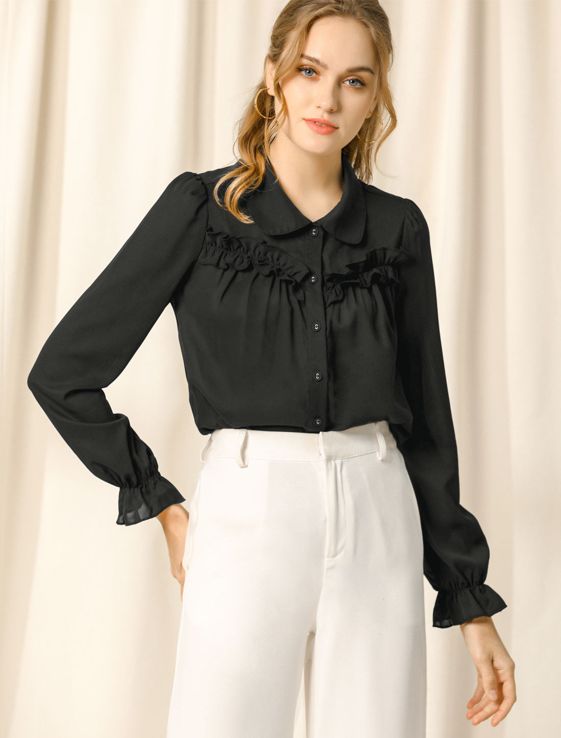 Women's Button Down Ruffle Long Sleeve Peter Pan Collar Work Shirt Top