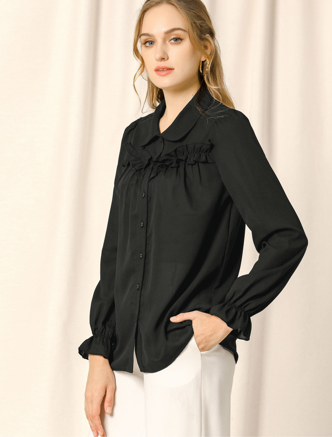 Women's Button Down Ruffle Long Sleeve Peter Pan Collar Work Shirt Top