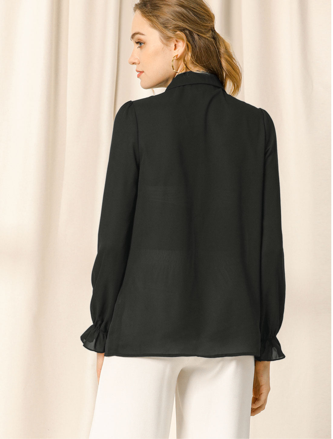 Women's Button Down Ruffle Long Sleeve Peter Pan Collar Work Shirt Top