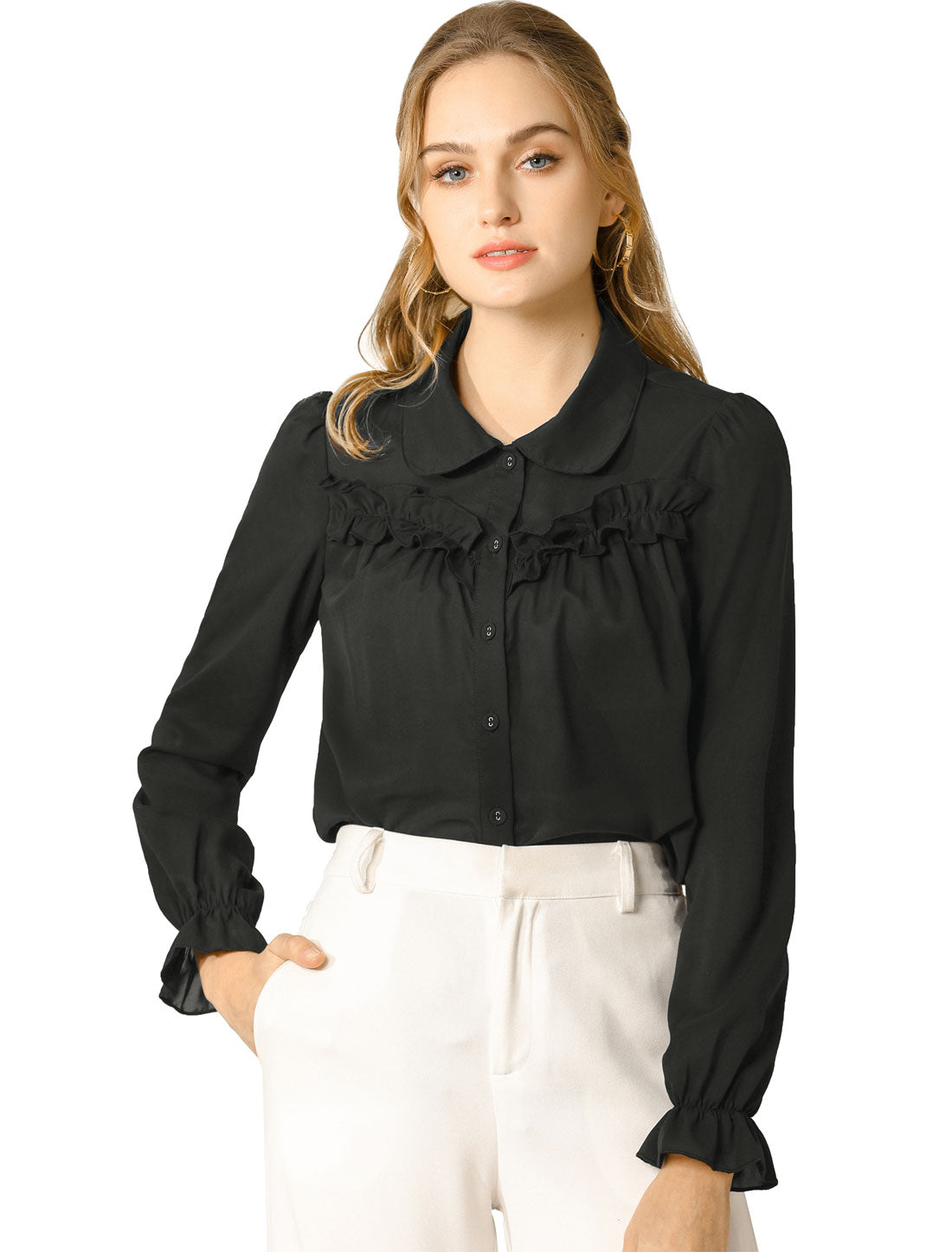 Women's Button Down Ruffle Long Sleeve Peter Pan Collar Work Shirt Top