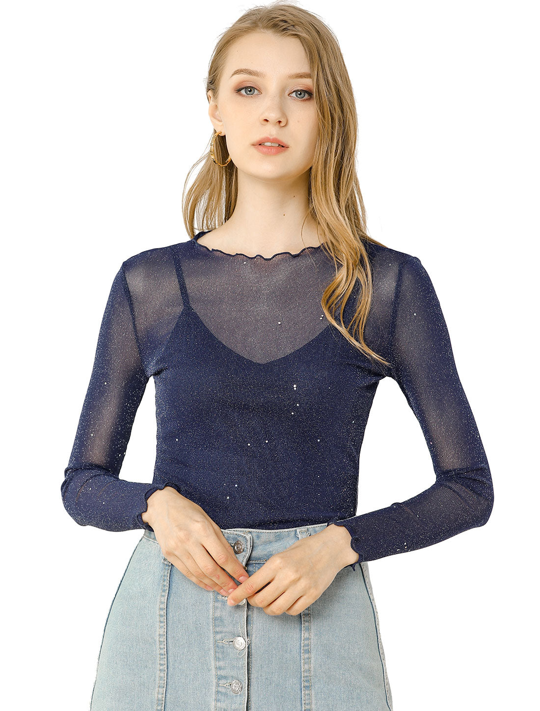 Women's Long Sleeve Mesh Tops Spaghetti Strap Party Camisole