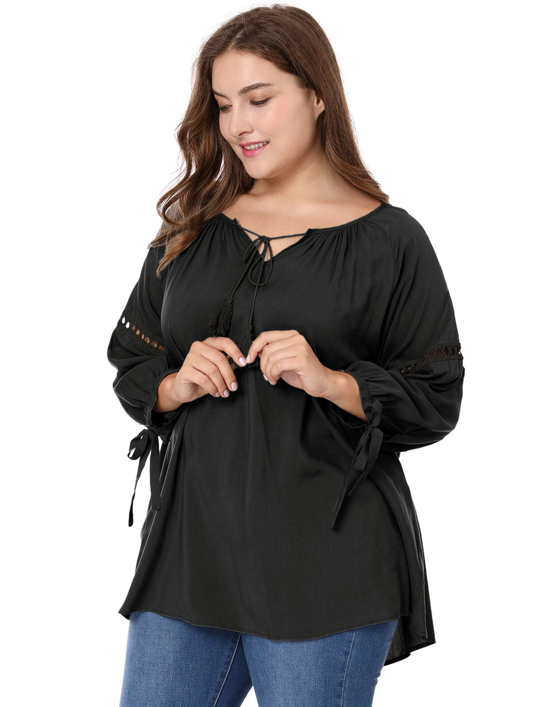 Women's Plus Size Raglan Sleeves Hollow Out Tie Neck Tunic Peasant Top