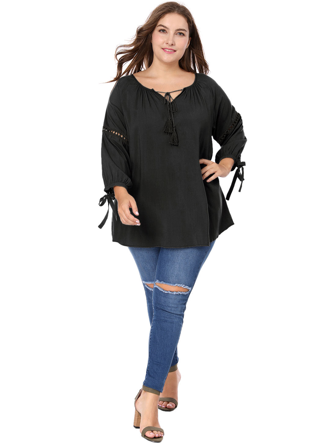 Women's Plus Size Raglan Sleeves Hollow Out Tie Neck Tunic Peasant Top