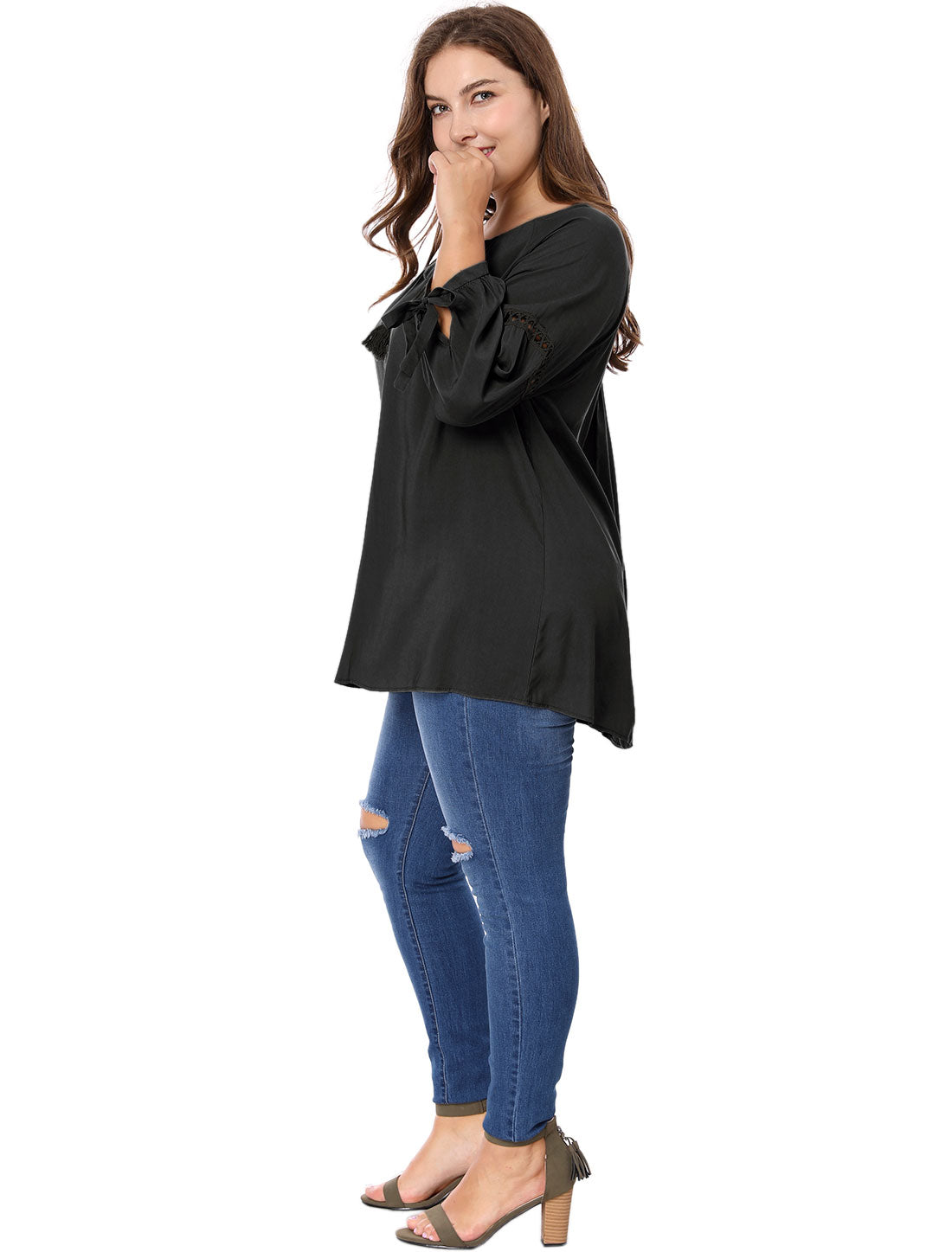Women's Plus Size Raglan Sleeves Hollow Out Tie Neck Tunic Peasant Top