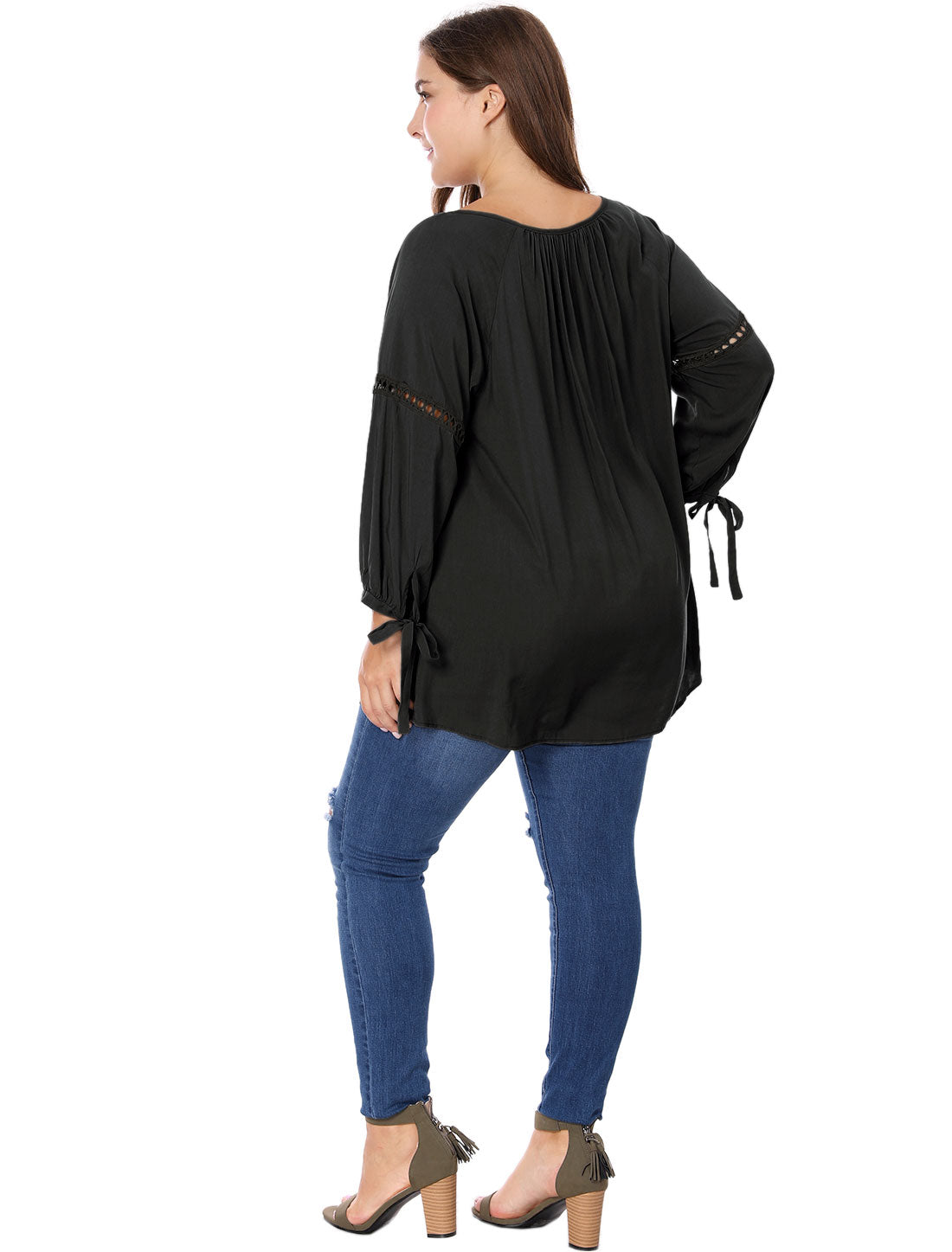 Women's Plus Size Raglan Sleeves Hollow Out Tie Neck Tunic Peasant Top