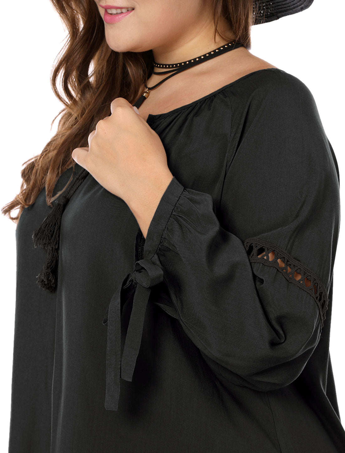 Women's Plus Size Raglan Sleeves Hollow Out Tie Neck Tunic Peasant Top