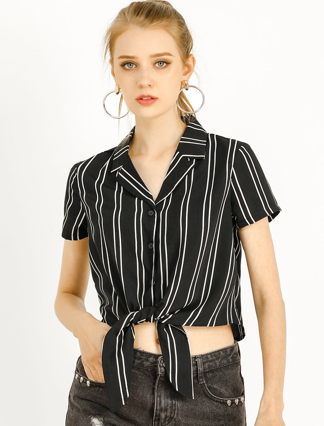 Women's Retro Striped Button Up Short Sleeve Tie Front Crop Shirt