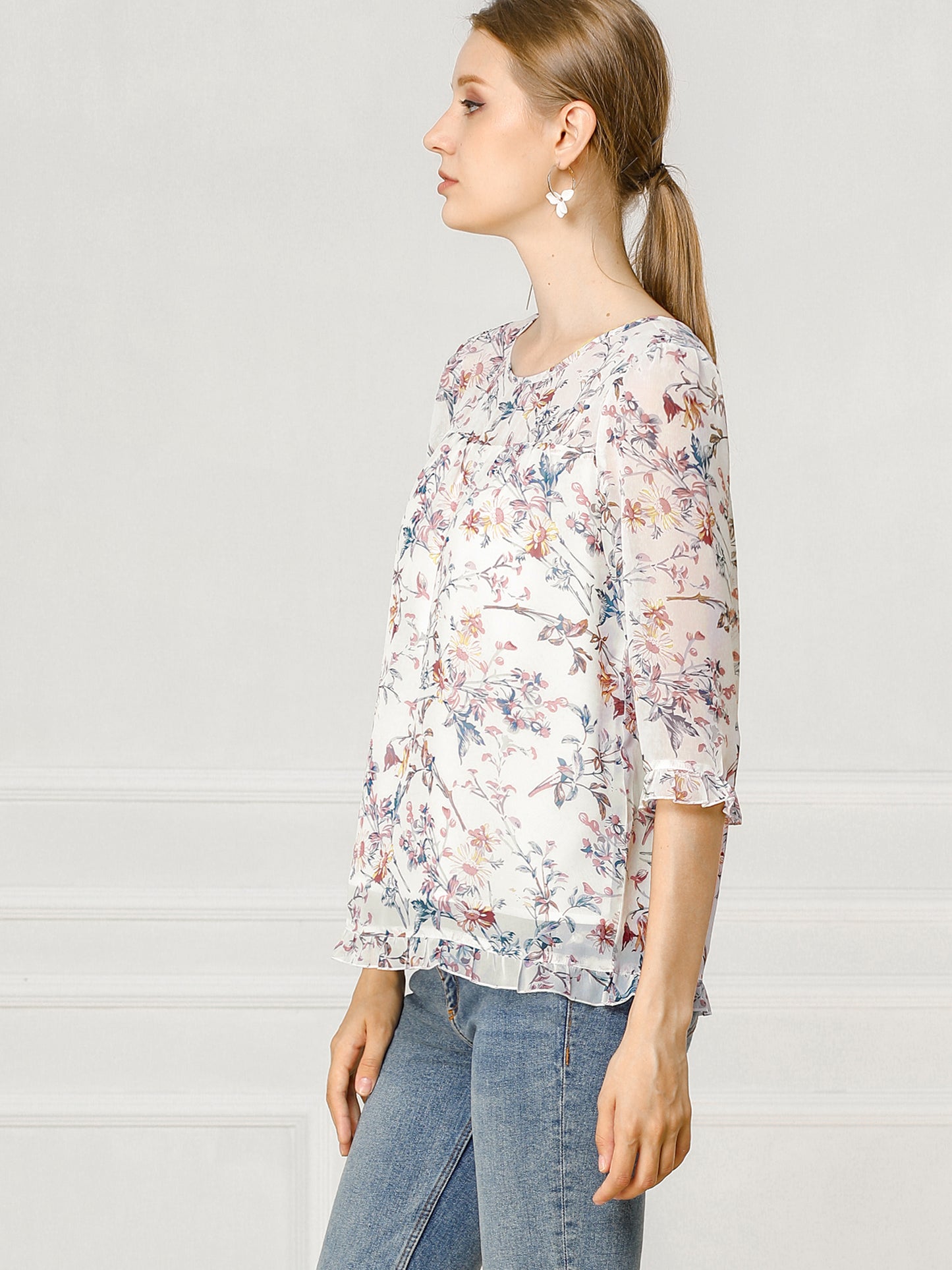 Women's Casual Ruffle 3/4 Sleeve Floral Print Chiffon Blouse (Available in Plus Size)