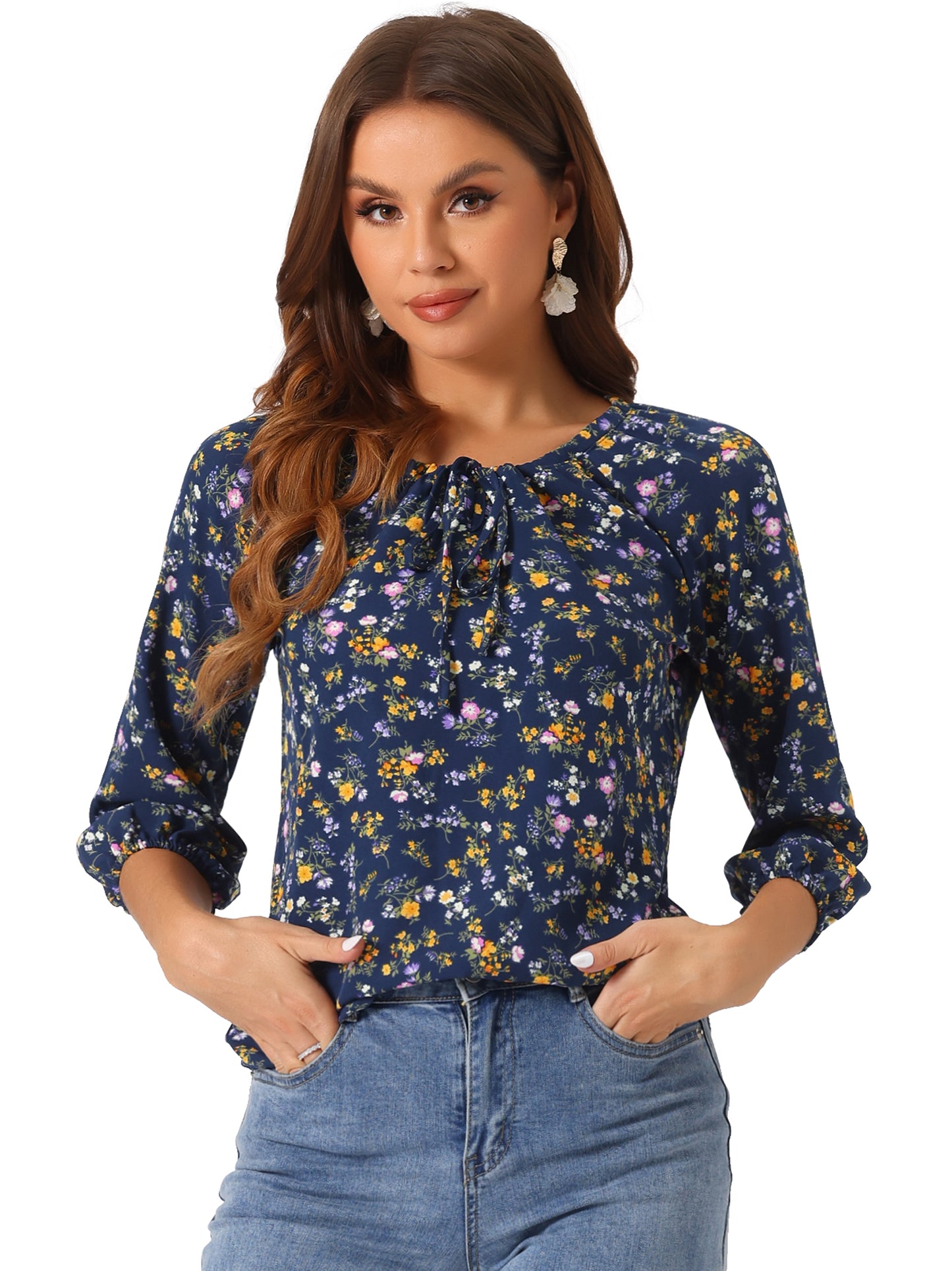 Women Floral Print 3/4 Raglan Sleeve Drawstring Round Neck Blouse
