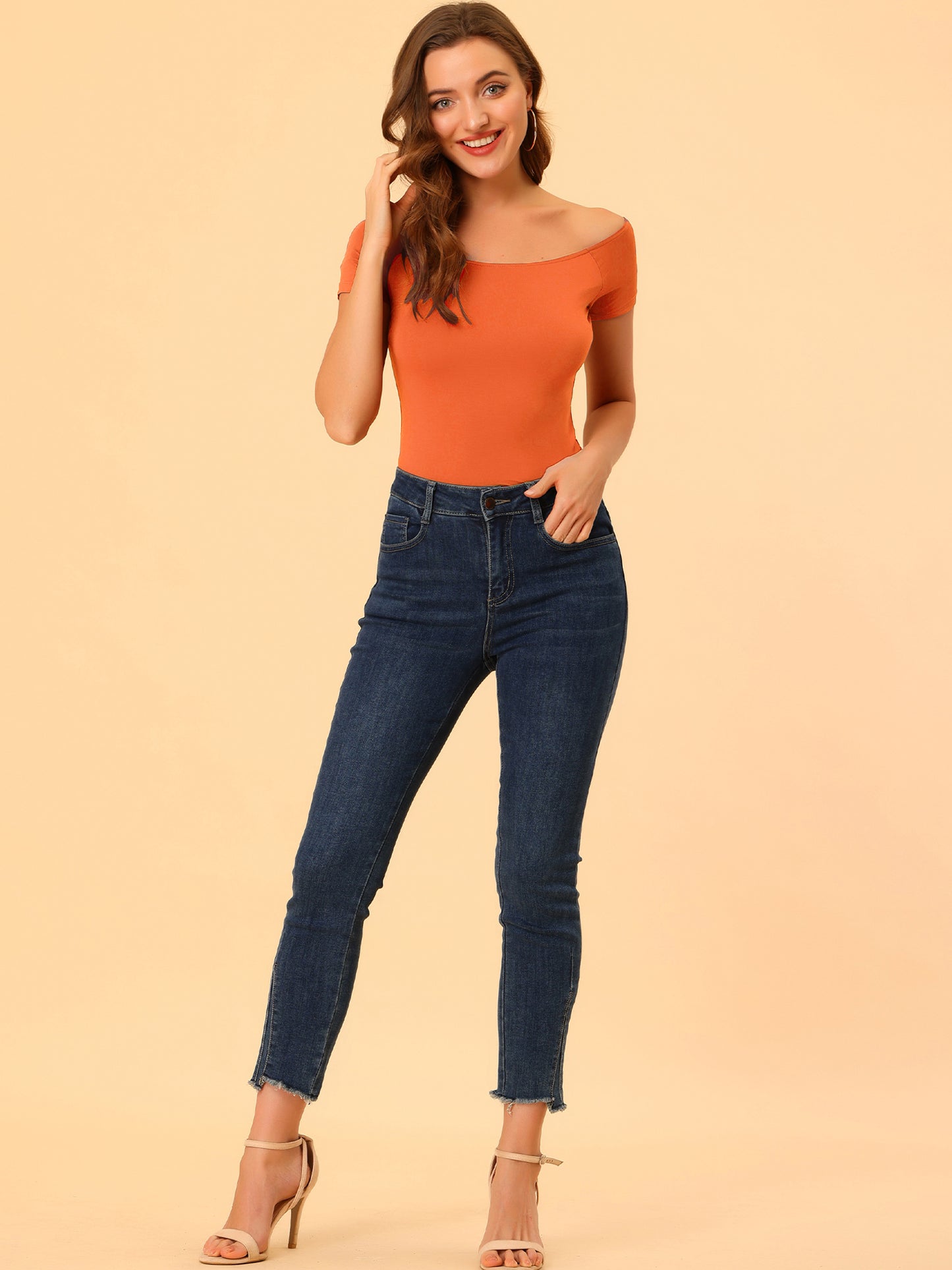 Women's Off Shoulder Top Short Sleeve Solid Basic Slim Fit Tees