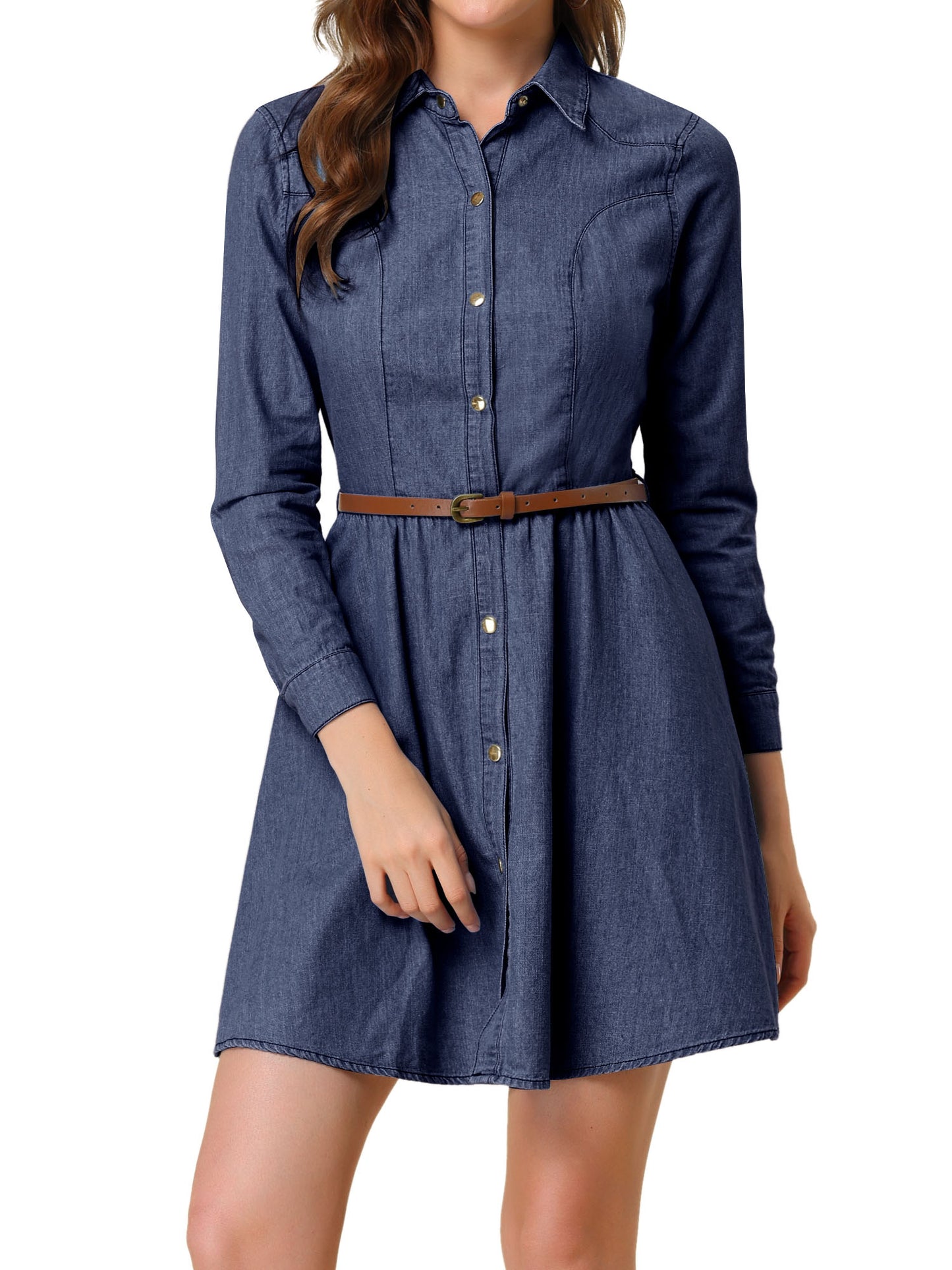 Women's Button Down Belted Pleated Flare A-Line Denim Shirt Dress