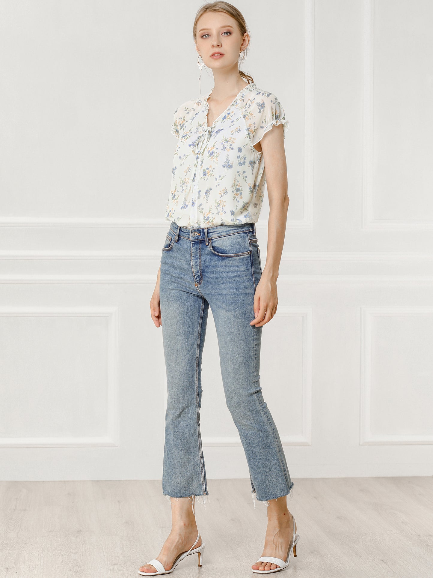 Blusa de gasa con volantes, mangas cortas y cuello en V con estampado floral de verano para mujer