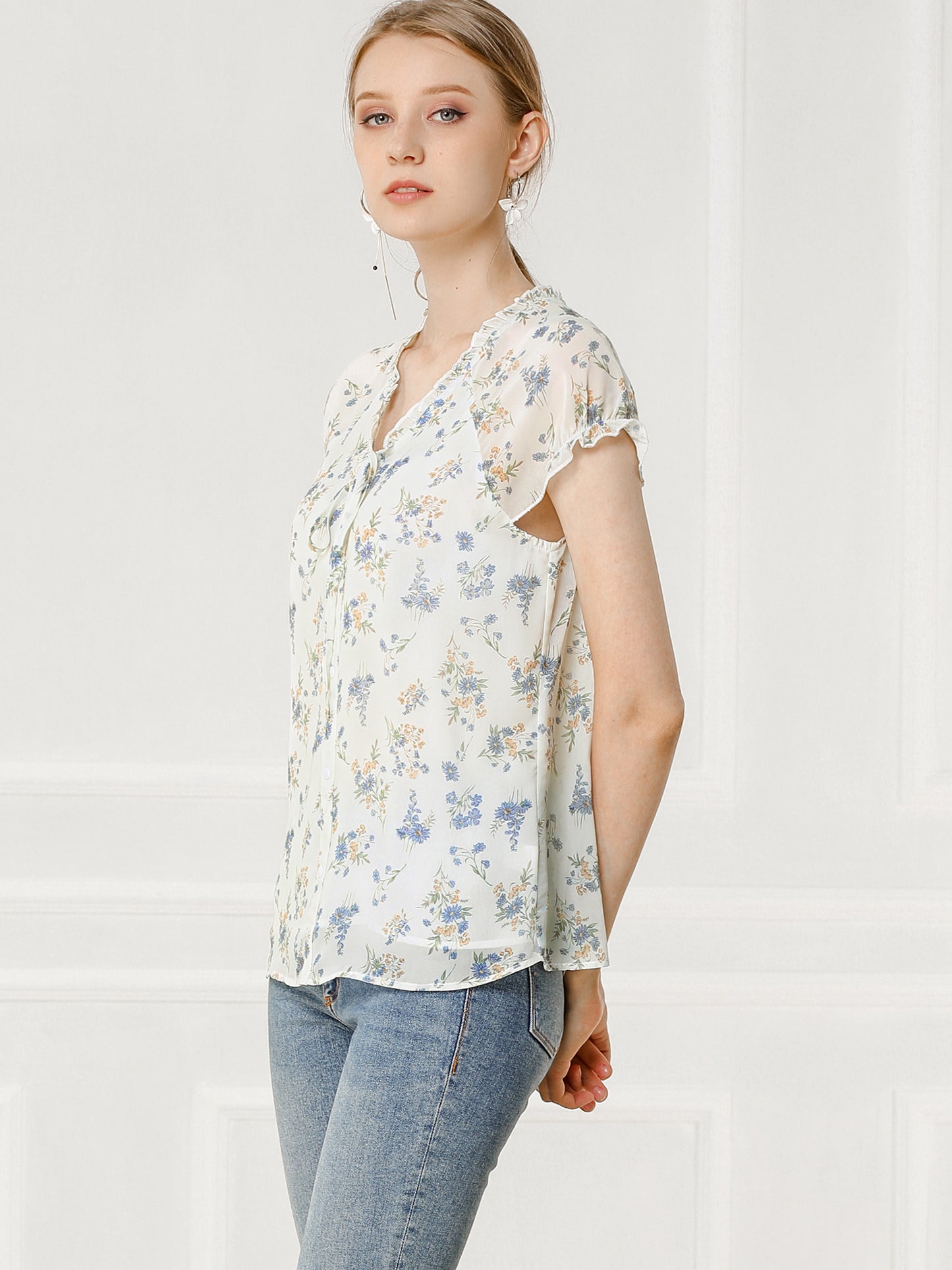 Blusa de gasa con volantes, mangas cortas y cuello en V con estampado floral de verano para mujer