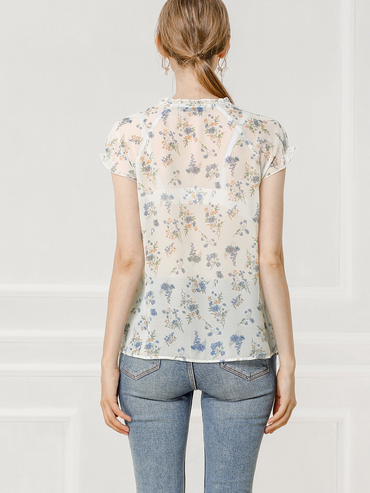 Blusa de gasa con volantes, mangas cortas y cuello en V con estampado floral de verano para mujer