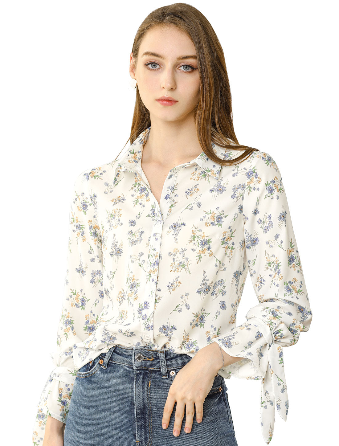 Women's Button Down Floral Long Sleeves Point Collar Shirt