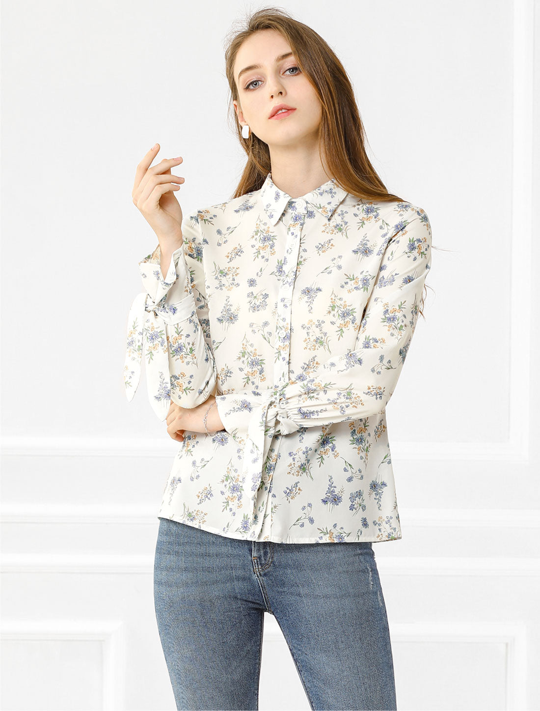 Women's Button Down Floral Long Sleeves Point Collar Shirt