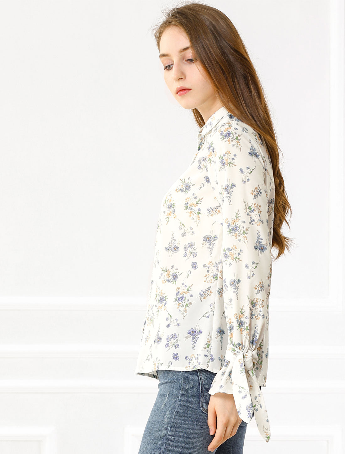 Women's Button Down Floral Long Sleeves Point Collar Shirt