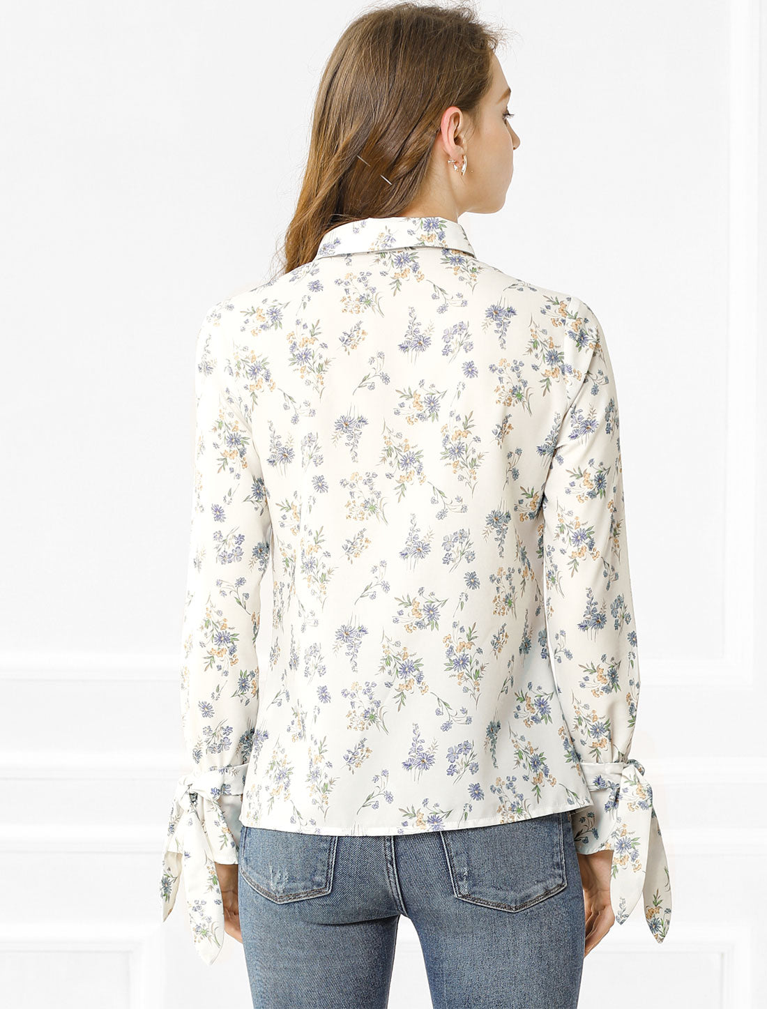 Women's Button Down Floral Long Sleeves Point Collar Shirt