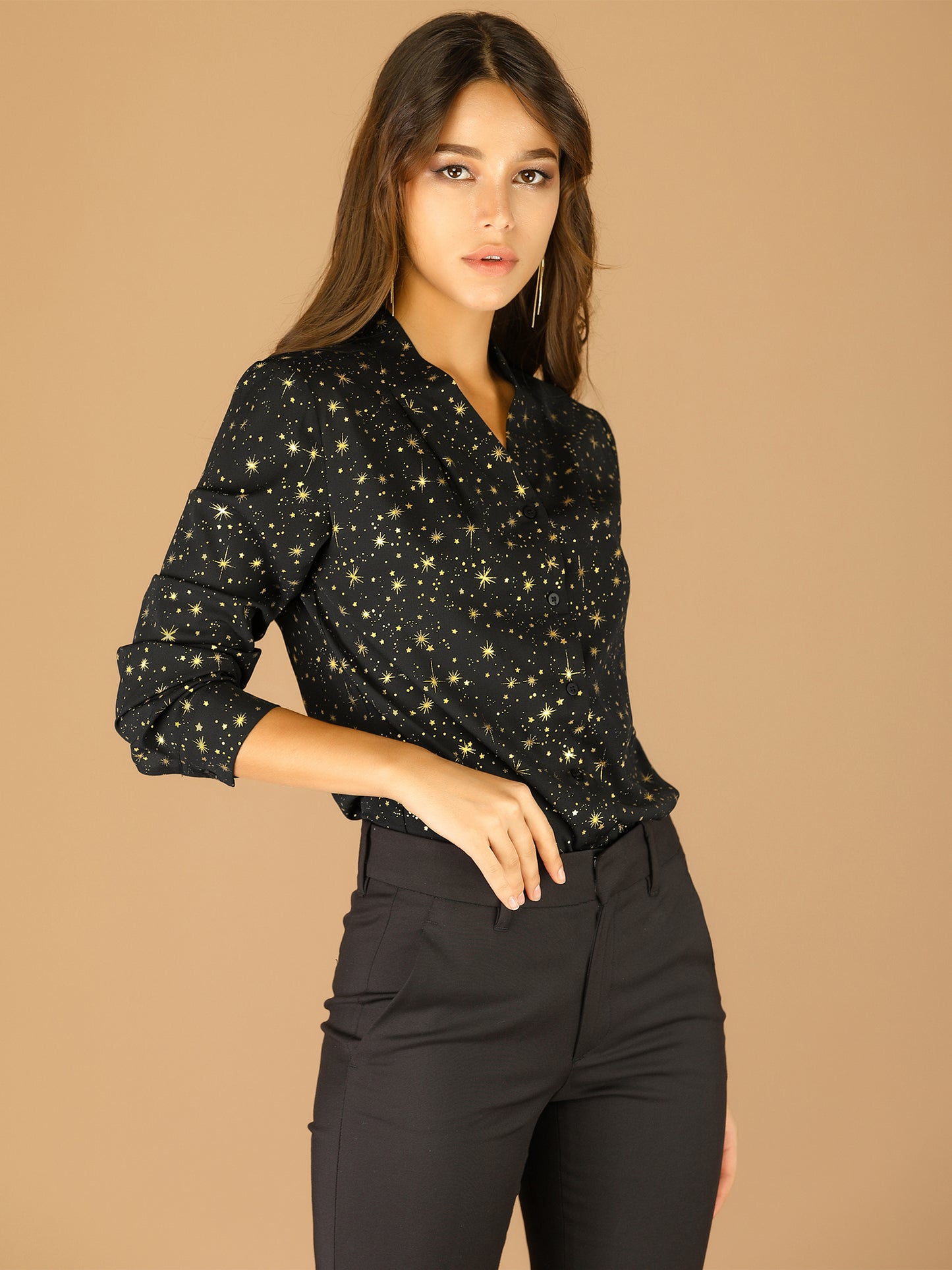 Women's Metallic Patterned V Neck Long Sleeve Gilding Sparkly Shirt (Available in Plus Size)