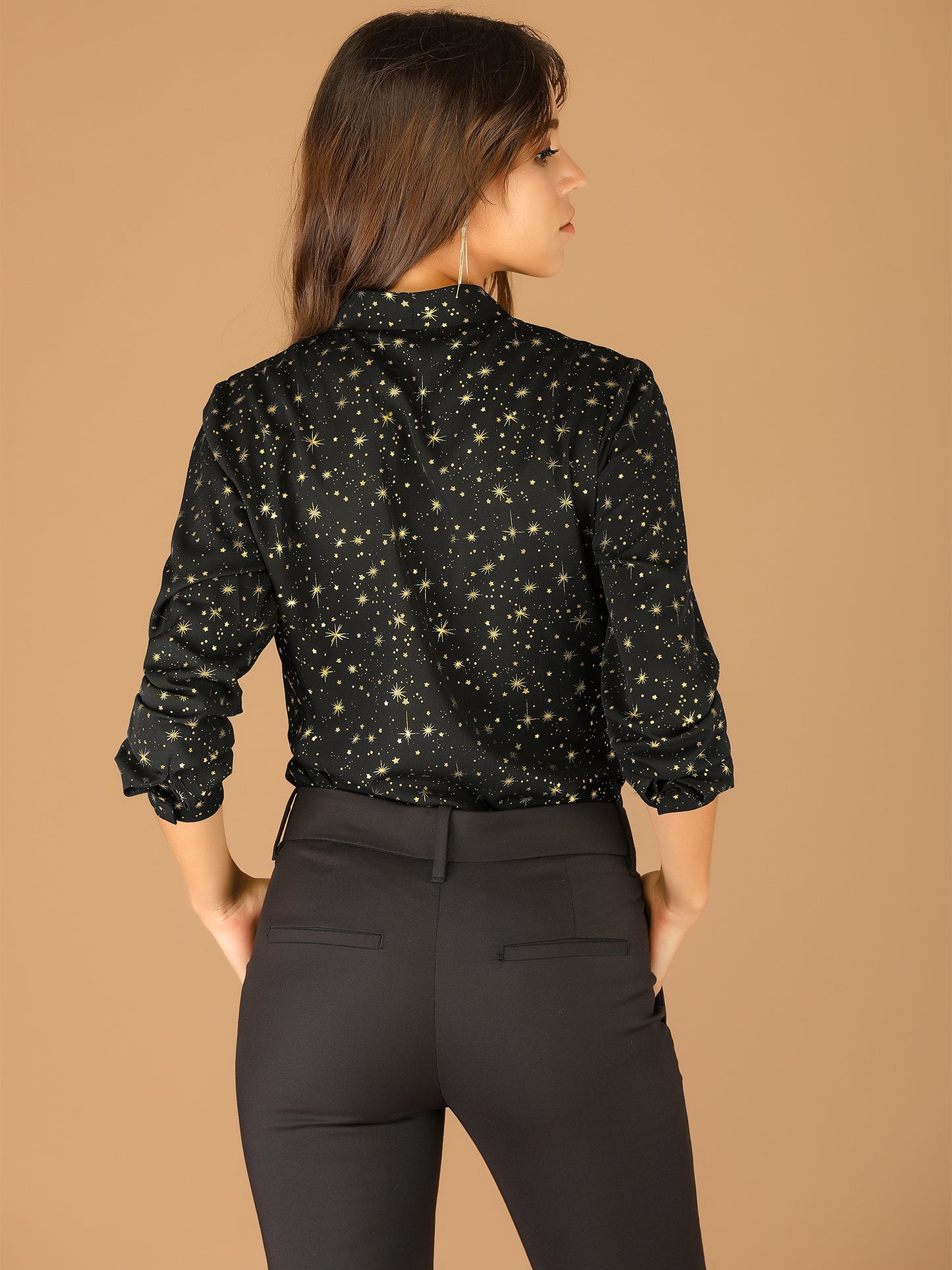 Women's Metallic Patterned V Neck Long Sleeve Gilding Sparkly Shirt (Available in Plus Size)