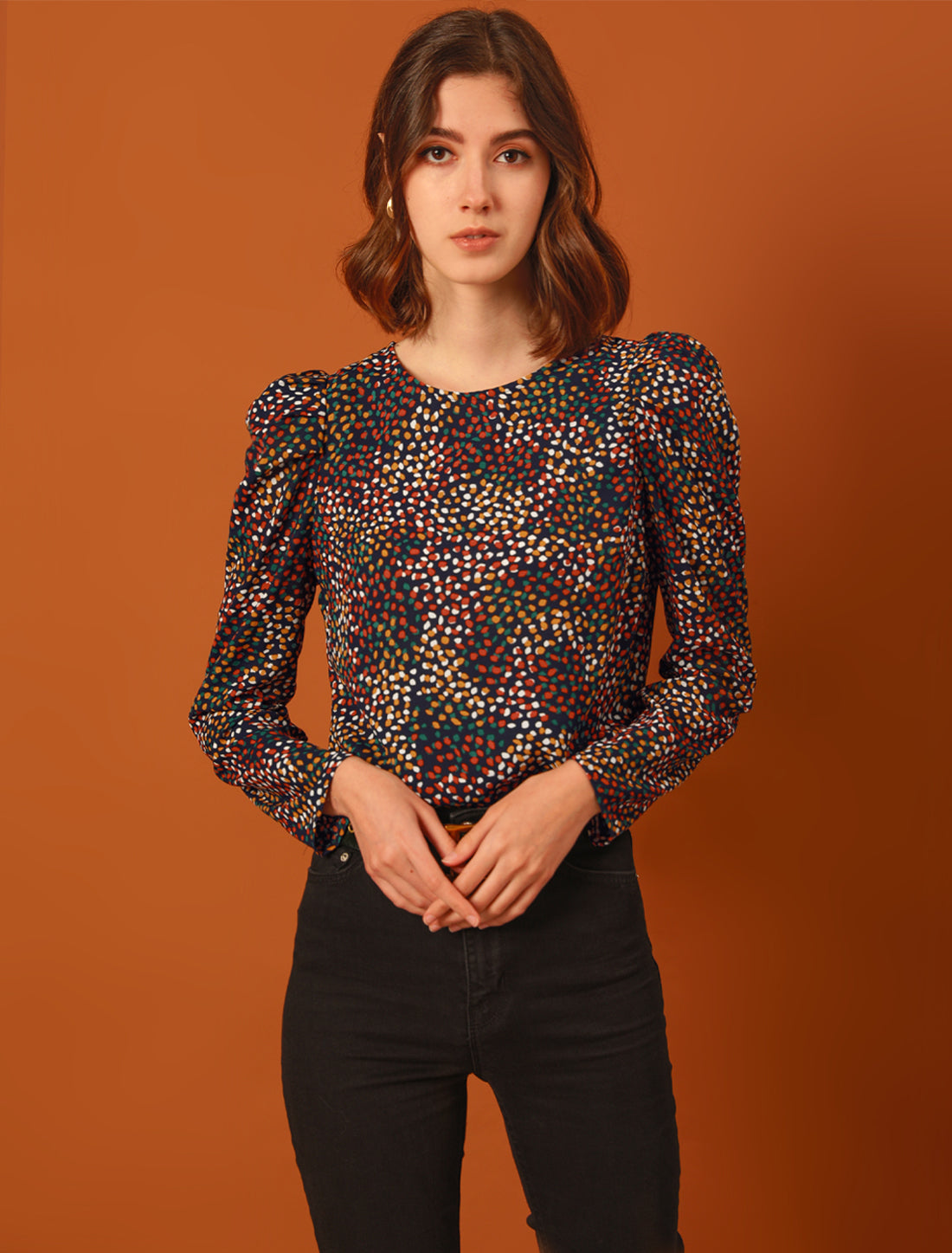 Women's Puff Long Sleeve Round Neck Puffy Chiffon Blouse Top