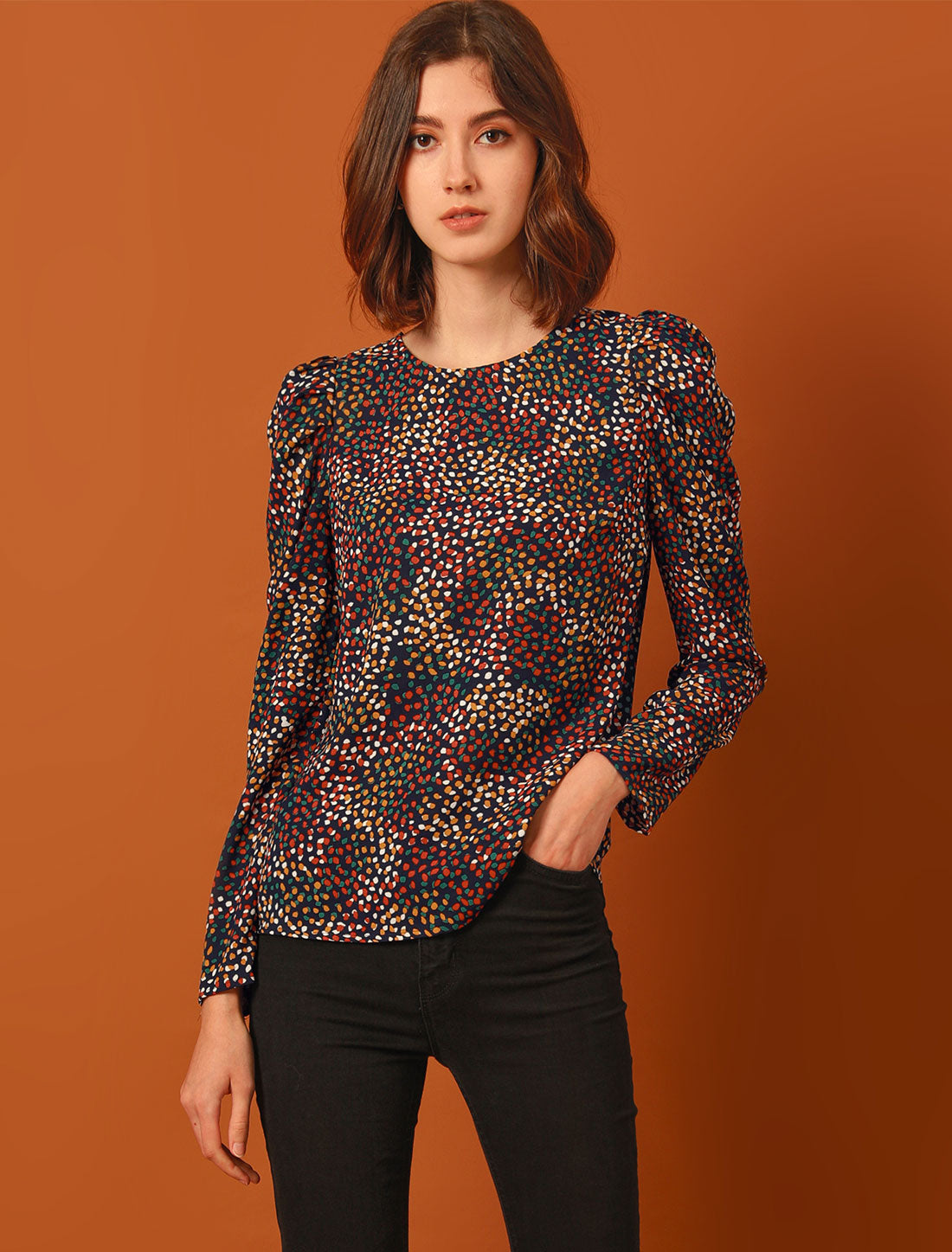 Women's Puff Long Sleeve Round Neck Puffy Chiffon Blouse Top