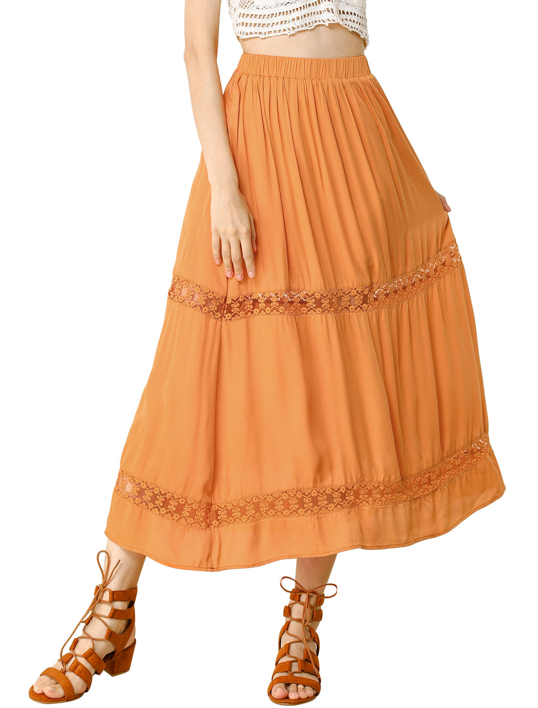 Women's Long Skirts Elastic Waist Swing A-Line Lace Insert Maxi Skirt (Available in Plus Size)