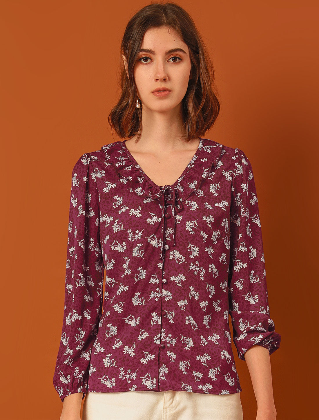 Women's Floral Tie V Neck Ruffle Blouse Top