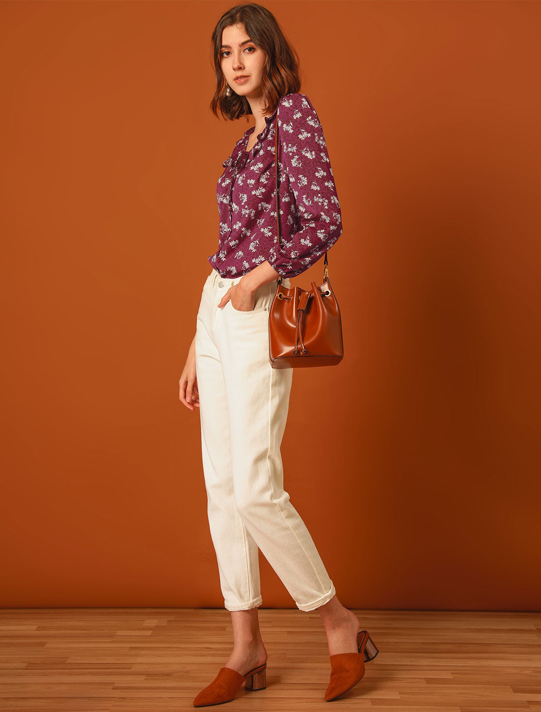 Women's Floral Tie V Neck Ruffle Blouse Top